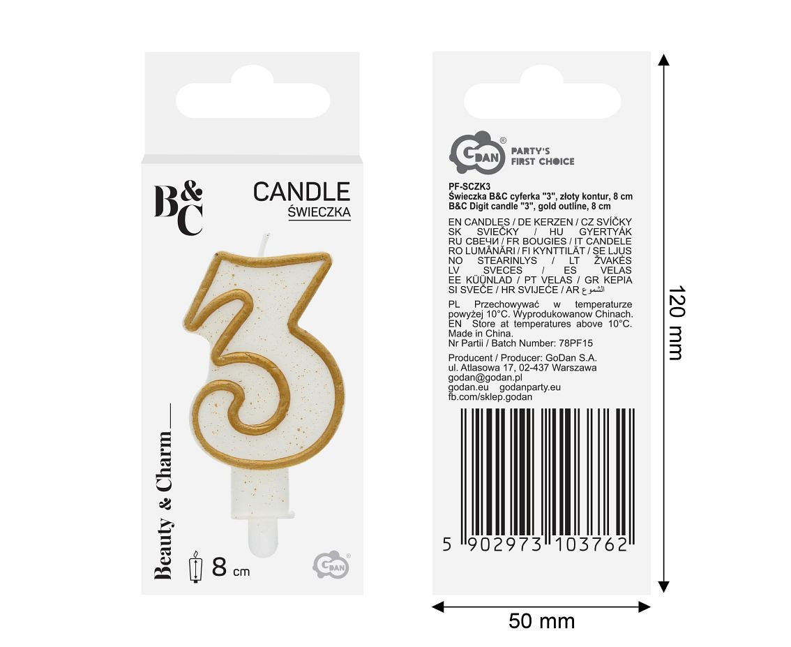 Digit candle "3", gold outline, 8 cm